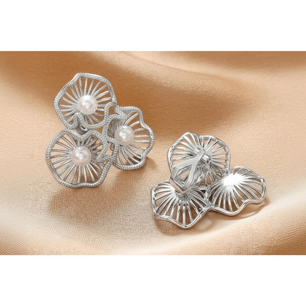 Clip on 1 1/4" silver flower cluster and pearl button style earrings